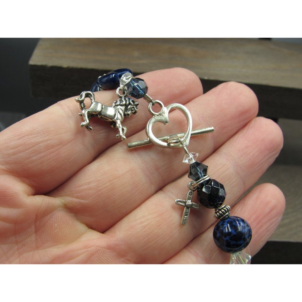 8" Sterling Silver Horse Charm Blue Glass Bracelet Vintage Wedding Engagement - Picture 4 of 9
